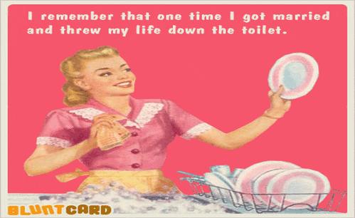 A happy woman washes a dish amidst marital bliss
